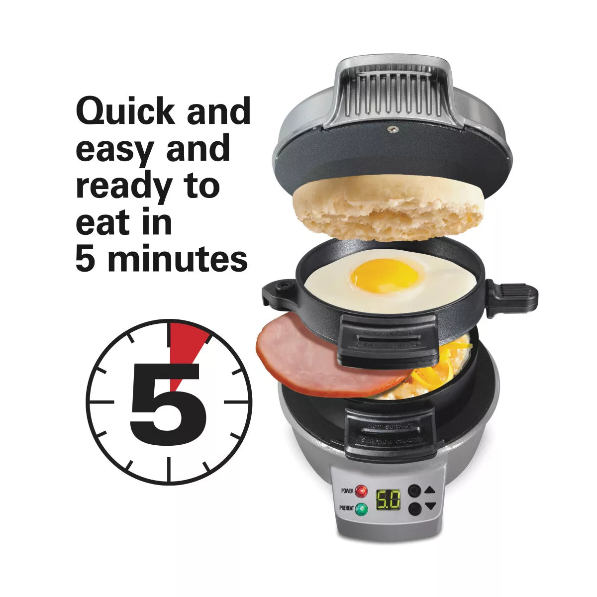 Hamilton Beach Breakfast Sandwich Maker with Timer - Dark Gray - 25478: Nonstick, Cool Touch Handle, 600W, Dishwasher-Safe