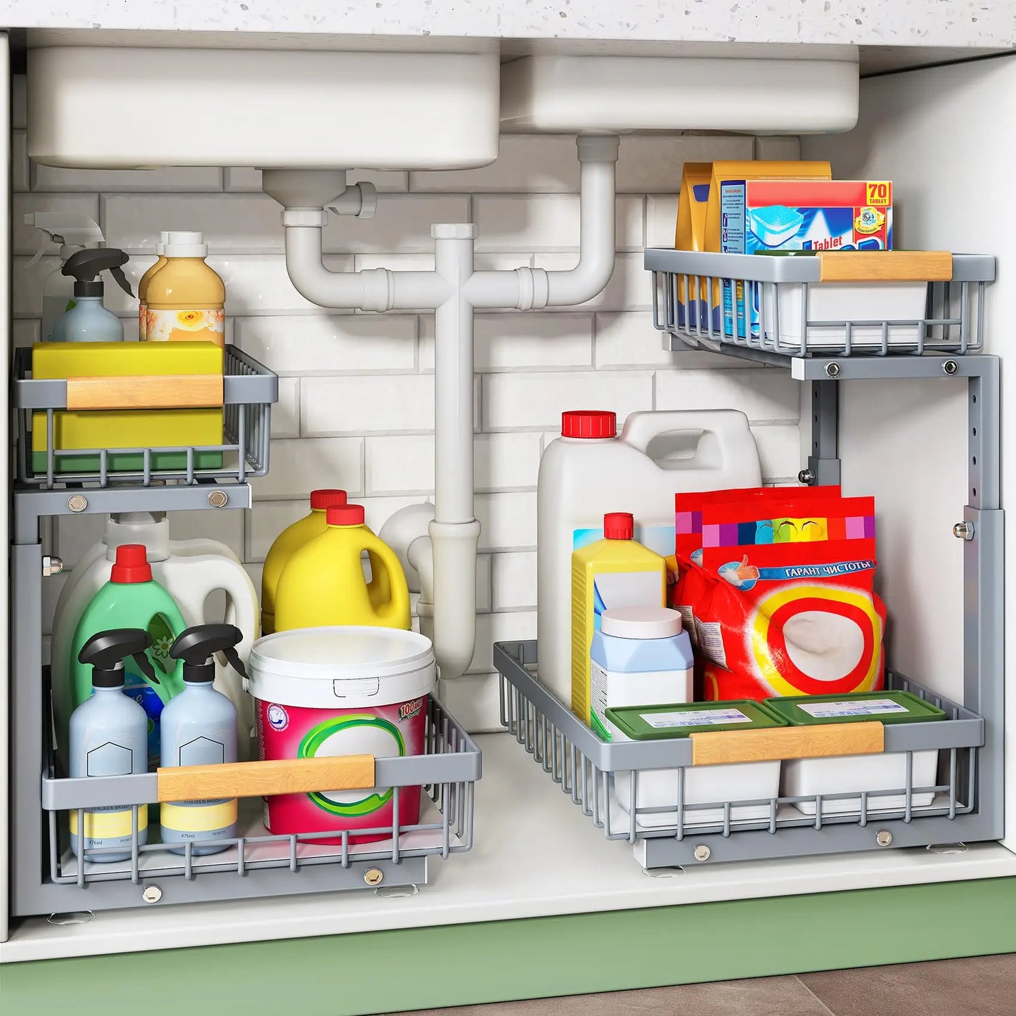 2-Pack 2-Tier Slide Out under Sink Organizer, Space-Saving Storage Rack for Kitchen & Bathroom
