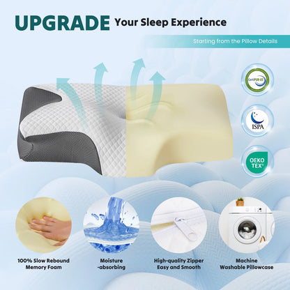 Ergonomic 23.6" Largex13.8" Wide Cervical Neck Pillow Memory Foam Pillow with Cooling Pillowcase Cervical Contour Pillows
