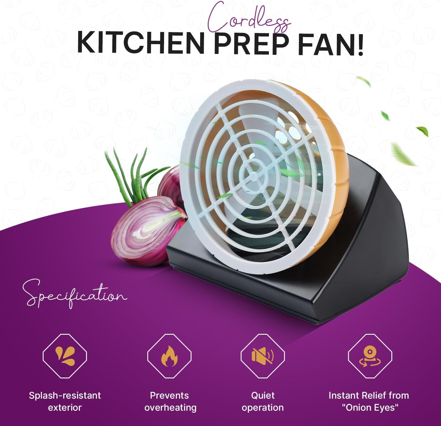 Cordless Kitchen Prep Fan - Portable for Cutting Onions without Tears - Cute Onion-Shaped  for Comfortable Cooking & Meal Preparation - Portable and Battery Operated (Yellow)