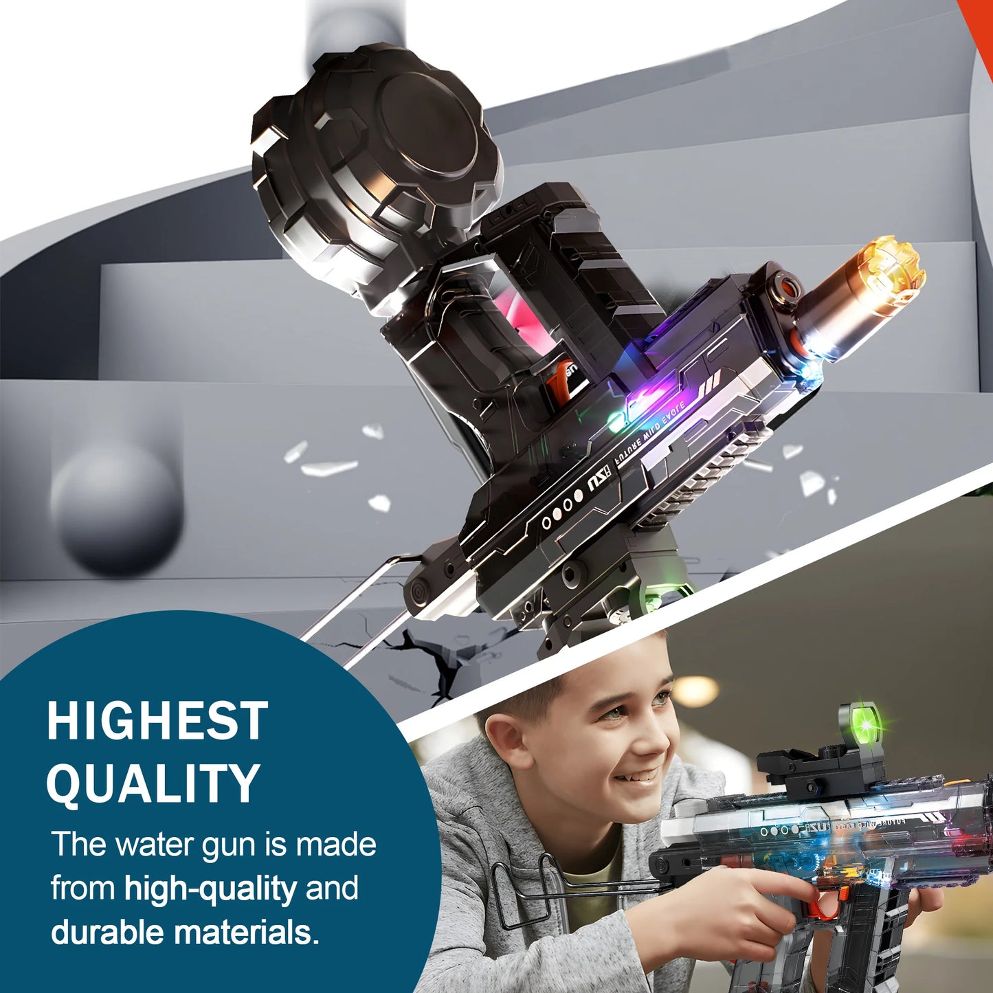 Powerful Electric Water Gun Automatic Manual Squirt Gun with LED Light Rechargeable Battery Powered Water Blaster 28-32 Ft Range Large Capacity Tank for Outdoor Pool Beach Battle Play
