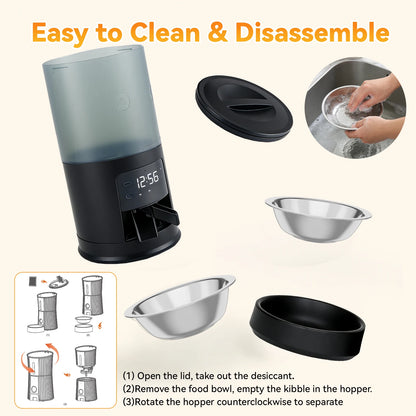 JHK 6L Automatic Cat Feeder with 2 Stainless Bowls Timed Cat Food Dispenser Dual Power Supply Dual Pet Feeder for Cat and Dog