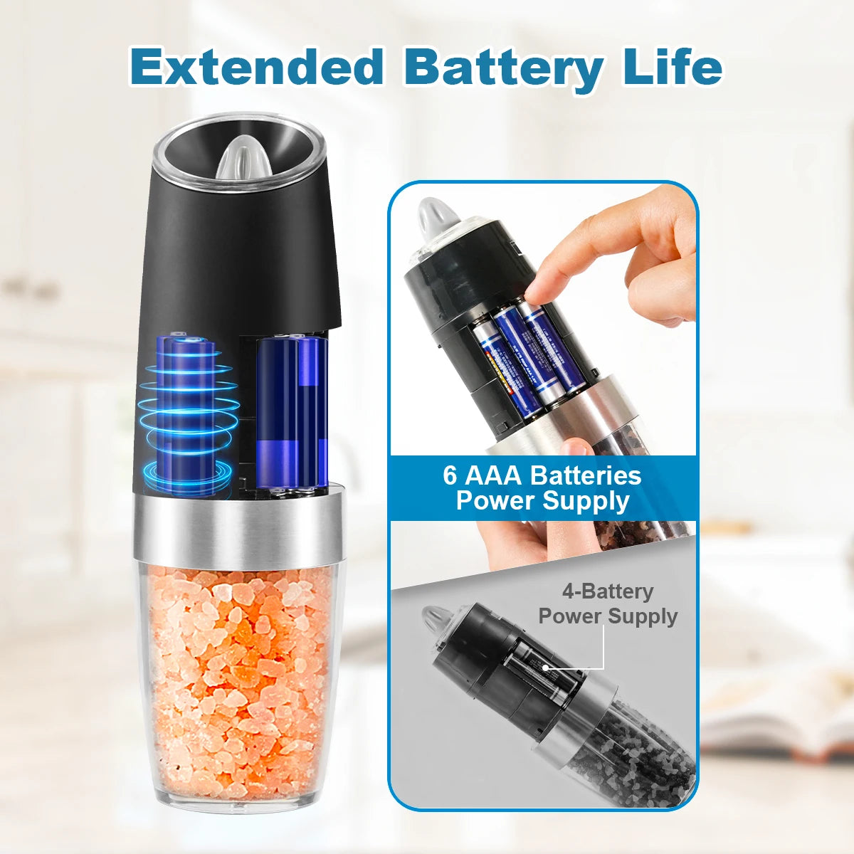 1/2Pcs Gravity Electric Pepper and Salt Stainless Steel Grinder Set with Adjustable Coarseness Operated LED Light