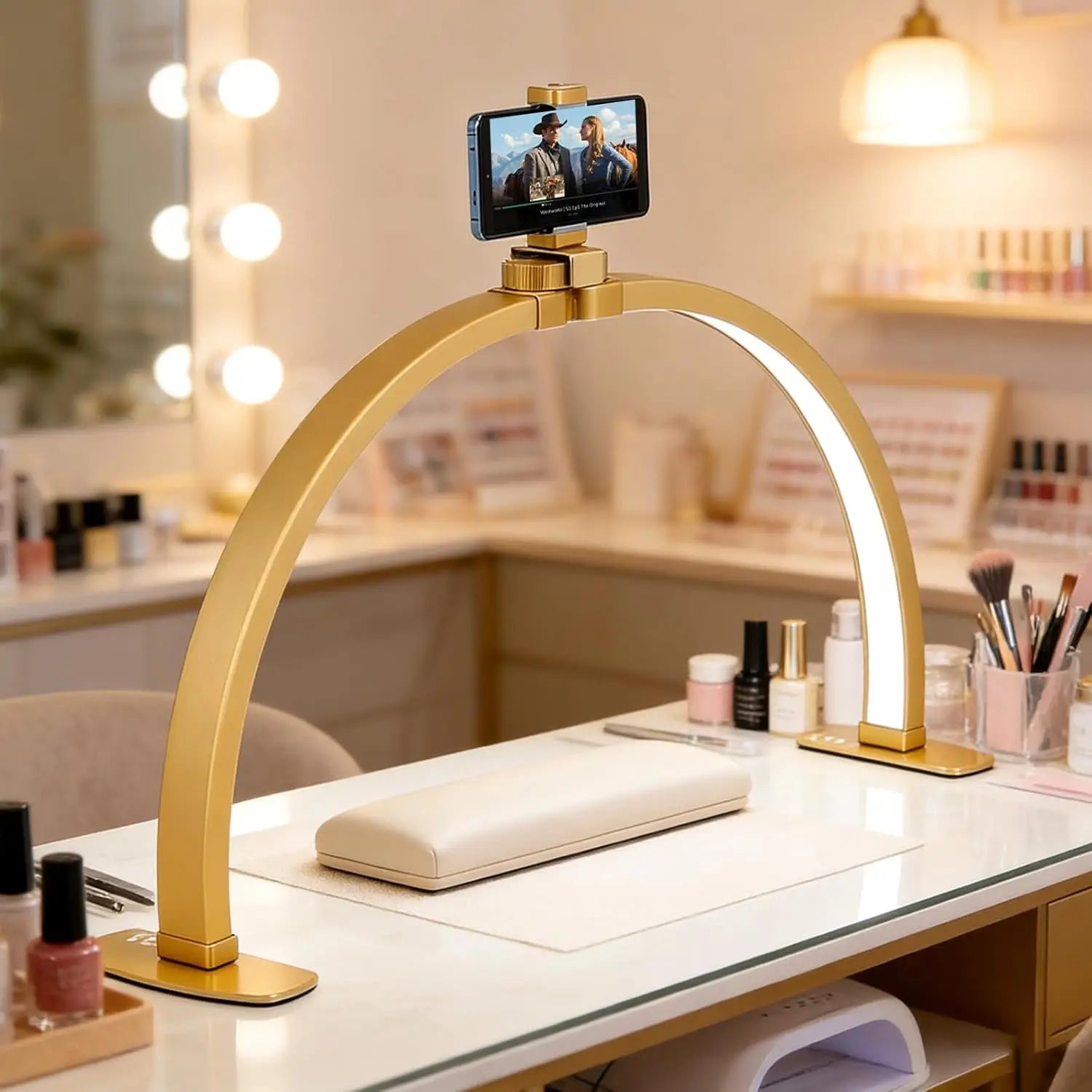 29IN Folding Half-Moon LED Lamp for Nail Desk with Phone Holder, 3 Color Temperature, 10 Brightness Levels, Shadow-Free Lighting for Nail Art, Eyelash Extensions, Tattooing