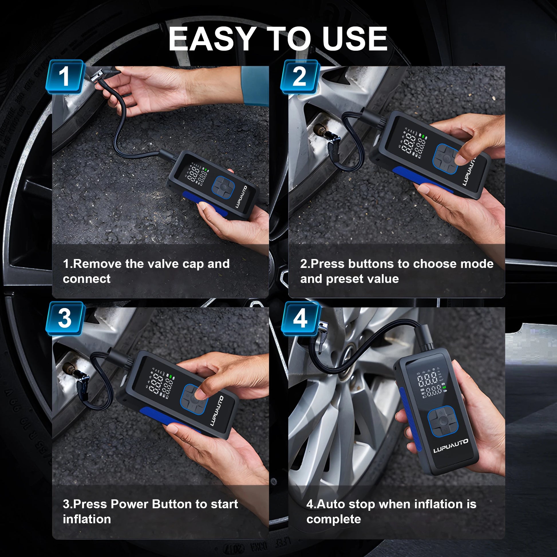 Portable Car Air Pump 150 PSI Tire Pressure Air Compressor Wireless Digital Display Tire Auto Stop When Fully Inflated for Car Bicycle