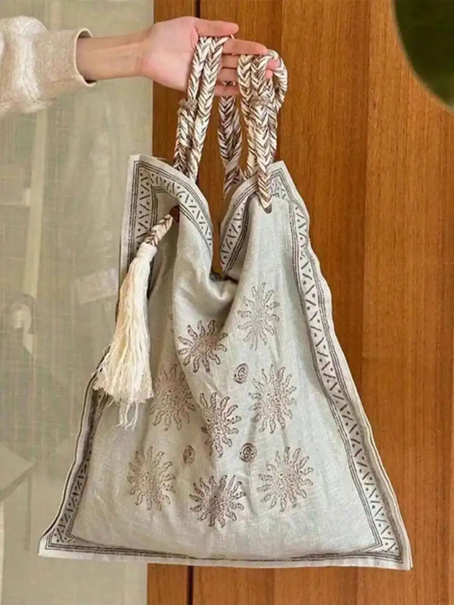 Bohemian Linen Crossbody Bag with Embroidery and Tassel, Lightweight Shoulder Bag for Women