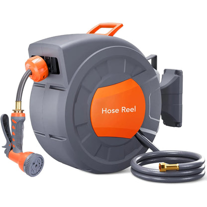 Retractable Garden Hose Reel 1/2 in X 100 FT Wall Mounted Water Hose Reels for outside with 9 Function Sprayer Nozzle