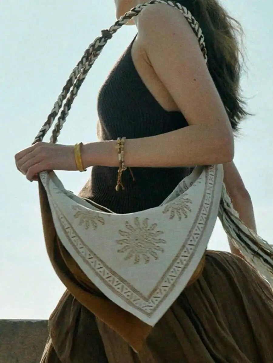 Bohemian Linen Crossbody Bag with Embroidery and Tassel, Lightweight Shoulder Bag for Women