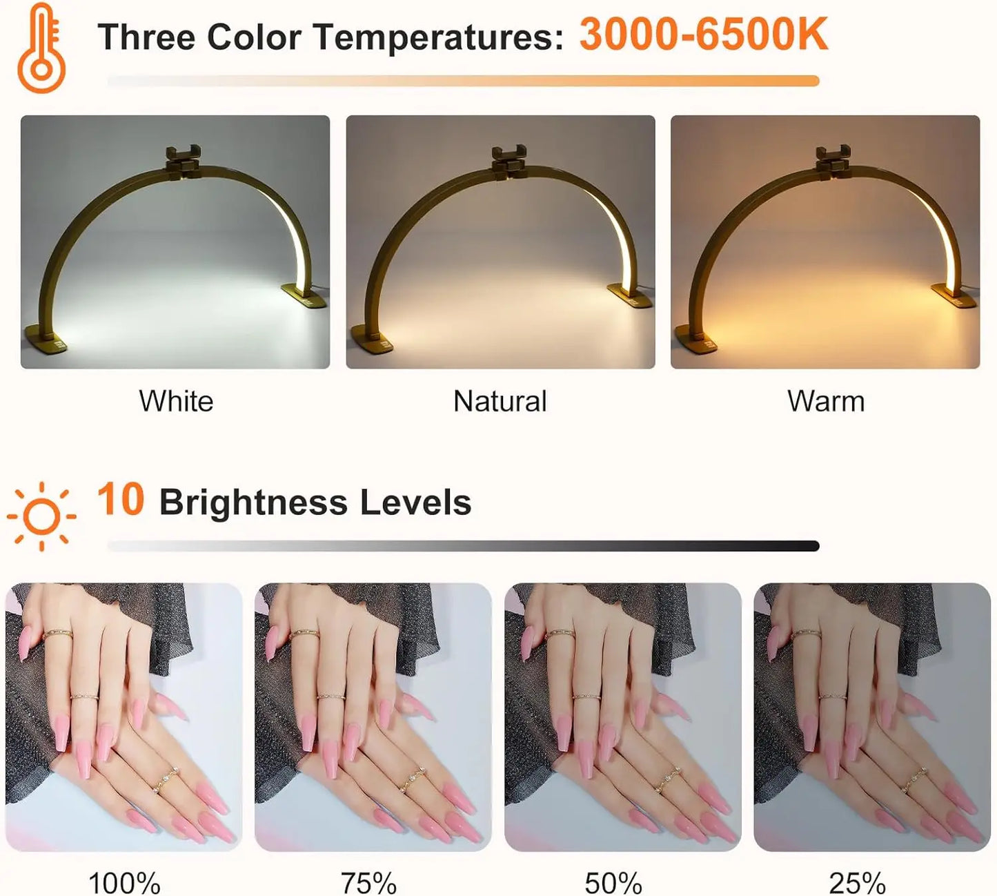 29IN Folding Half-Moon LED Lamp for Nail Desk with Phone Holder, 3 Color Temperature, 10 Brightness Levels, Shadow-Free Lighting for Nail Art, Eyelash Extensions, Tattooing