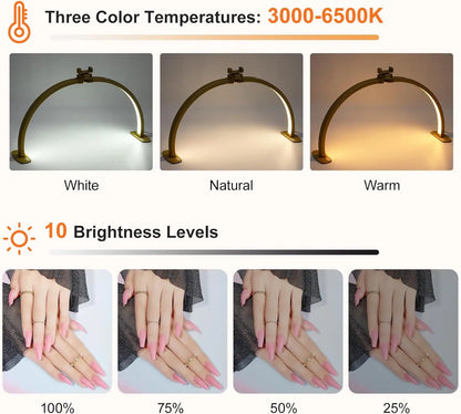 29IN Folding Half-Moon LED Lamp for Nail Desk with Phone Holder, 3 Color Temperature, 10 Brightness Levels, Shadow-Free Lighting for Nail Art, Eyelash Extensions, Tattooing
