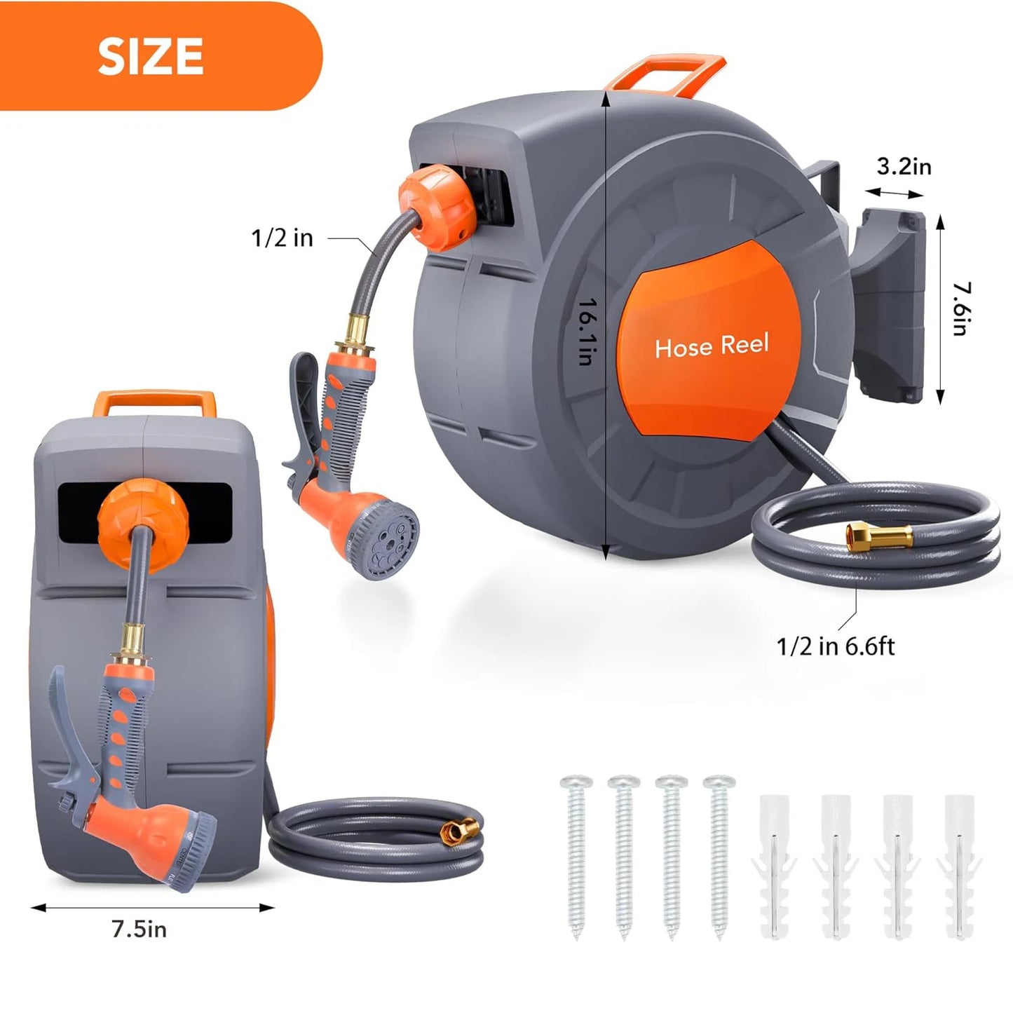 Retractable Garden Hose Reel 1/2 in X 100 FT Wall Mounted Water Hose Reels for outside with 9 Function Sprayer Nozzle