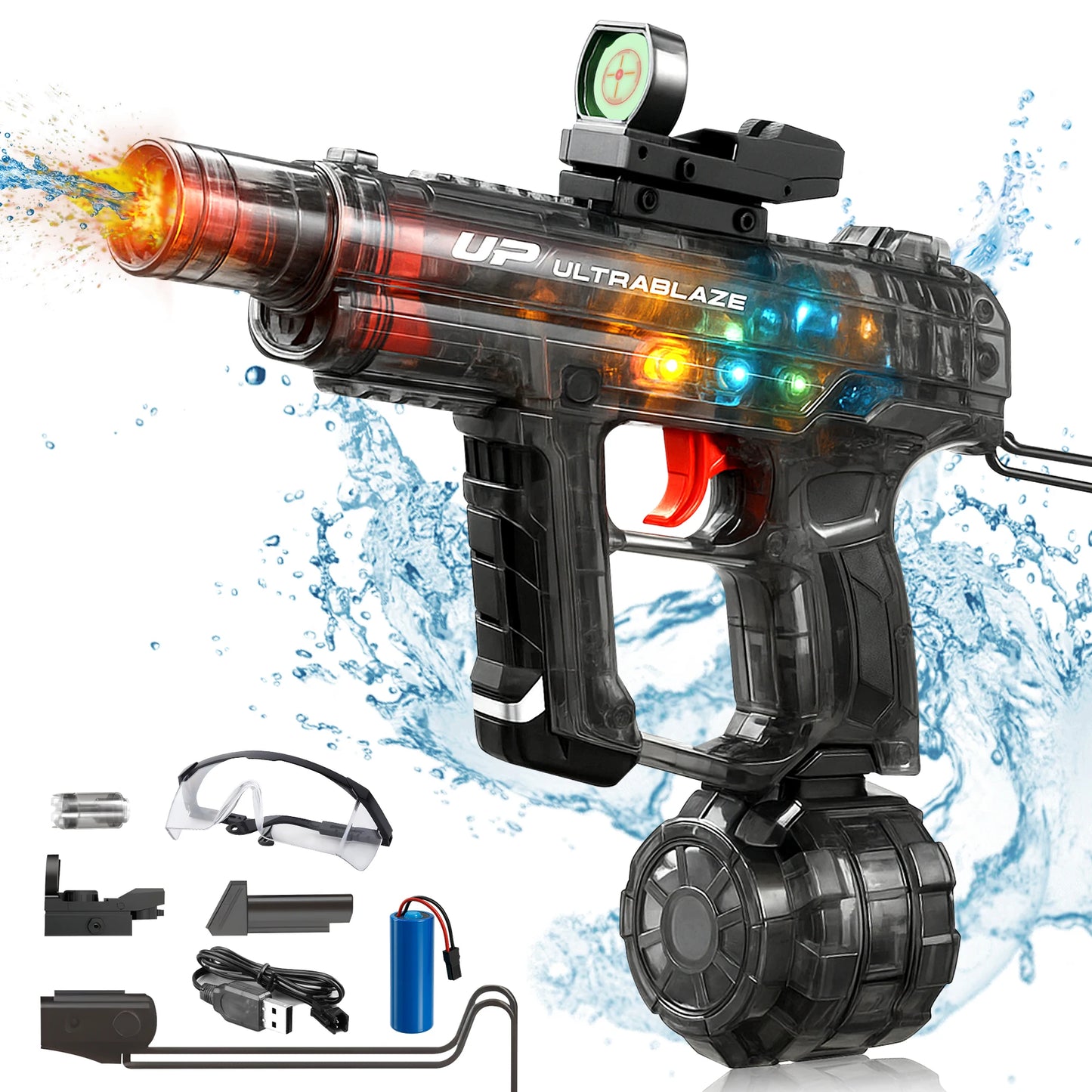 Powerful Electric Water Gun Automatic Manual Squirt Gun with LED Light Rechargeable Battery Powered Water Blaster 28-32 Ft Range Large Capacity Tank for Outdoor Pool Beach Battle Play
