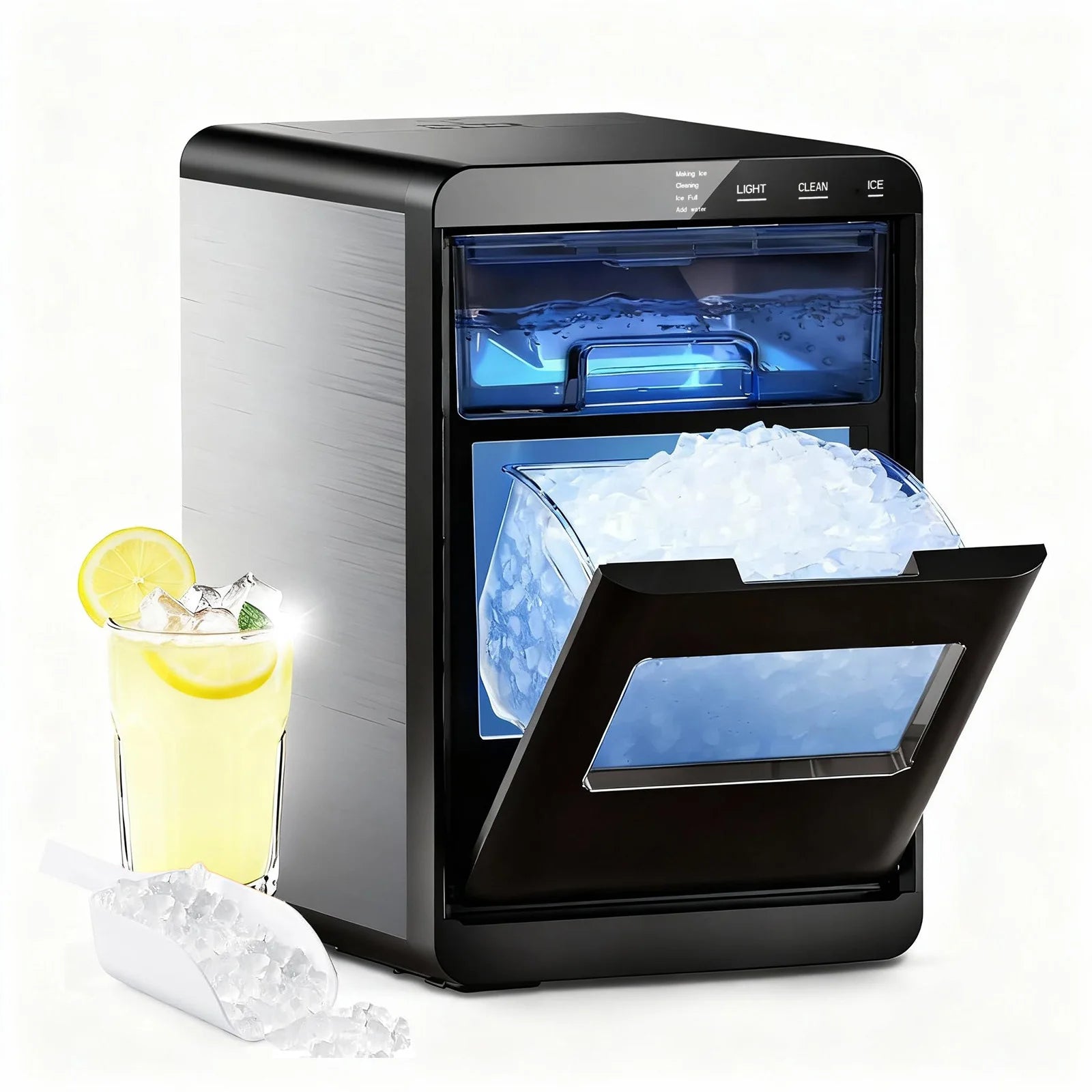 Nugget Ice Maker Countertop 44Bs/24H Self-Cleaning Chewable Pellet Ice Machine with Ice Scoop & Basket for Home/Kitchen/Party