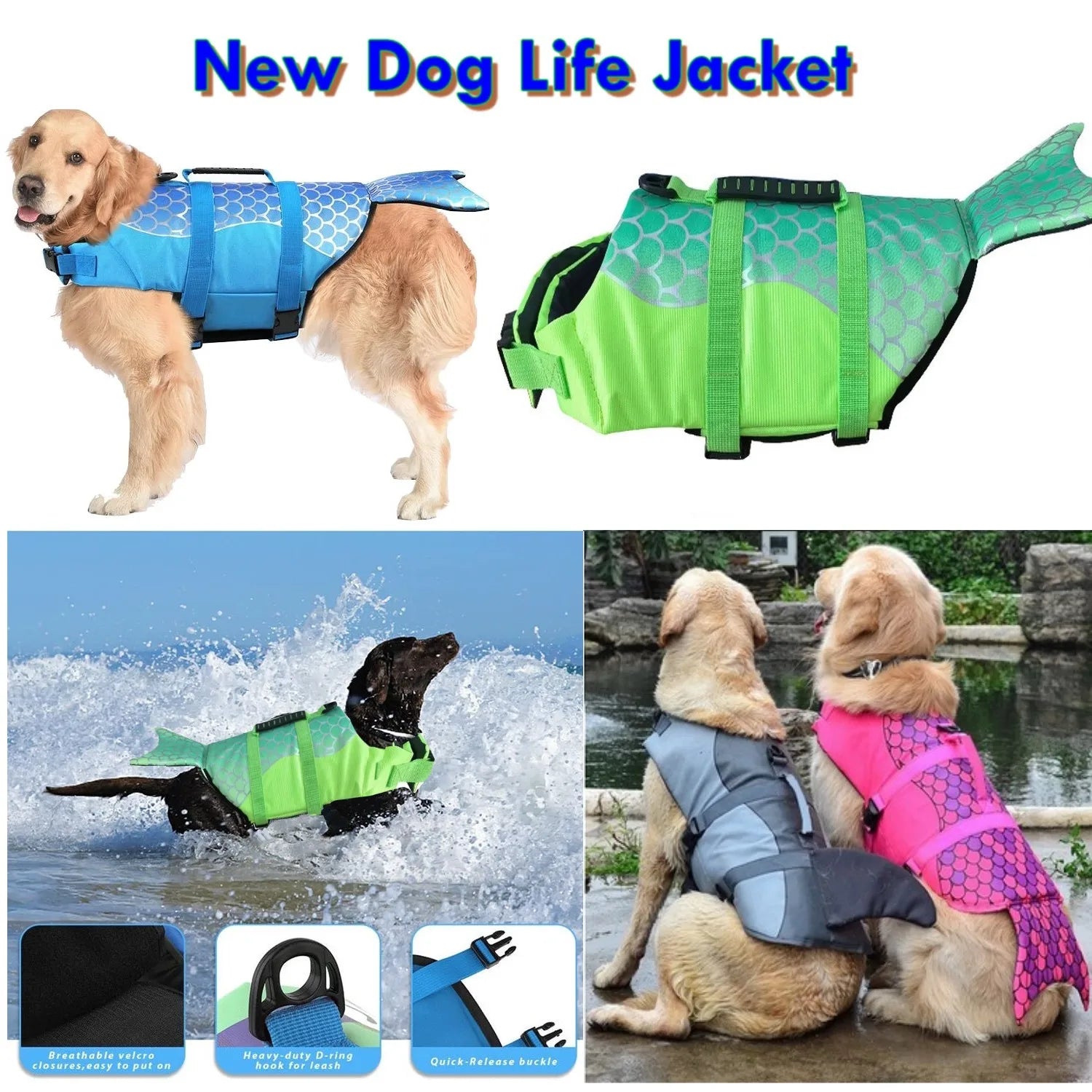 Dog Life Jacket Dogs Ripstop Nylon Buoyant Safety Handle Swimming Surfing Summer Water Activities