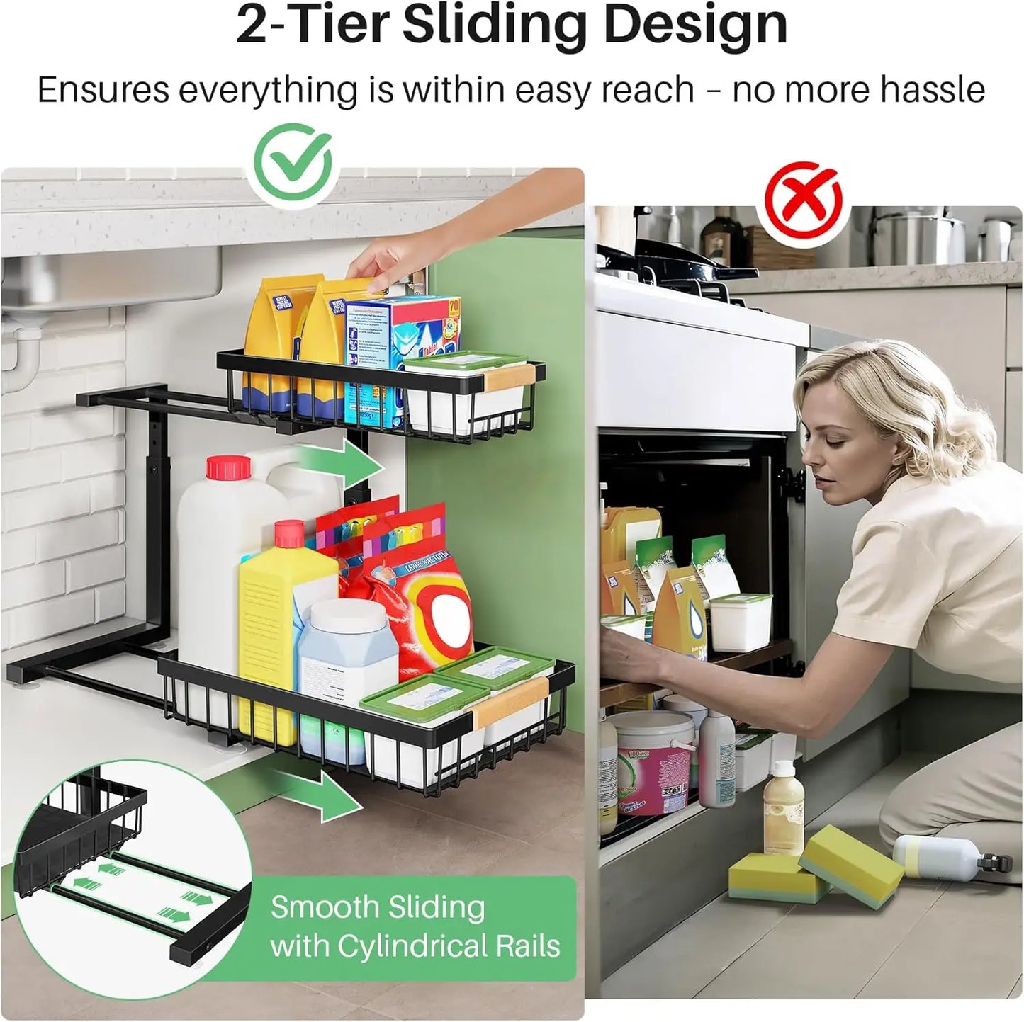2-Pack 2-Tier Slide Out under Sink Organizer, Space-Saving Storage Rack for Kitchen & Bathroom
