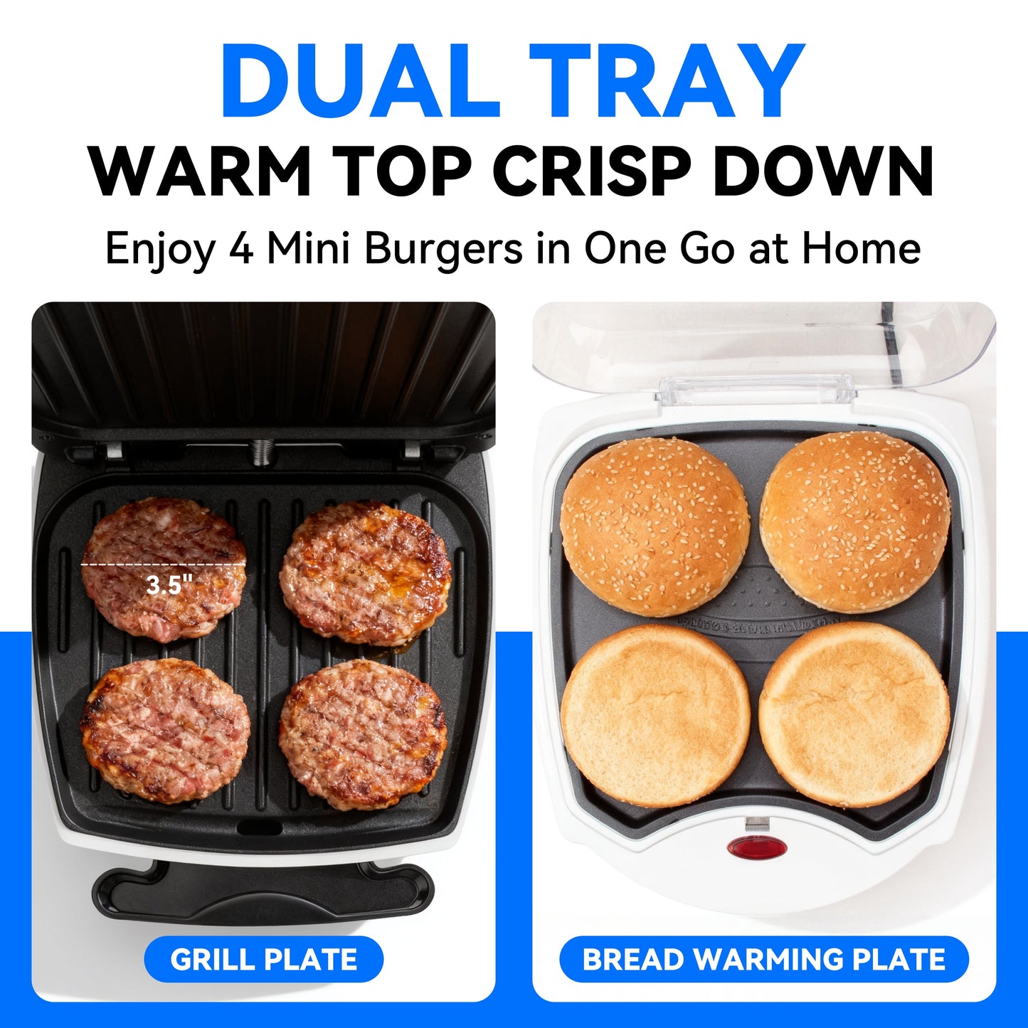 Hamburger Panini Press, Breakfast Sandwich Maker Press, Non-Stick Coated Grill Cheese Sandwich Maker, 1200W, White