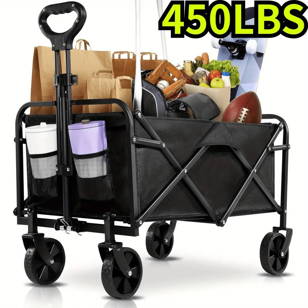 [Heavy Duty] Folding Wagon Cart | Heavy Duty | 360°All Terrain Wheels, Side Pockets, Large Capacity Collapsible | for Camping,