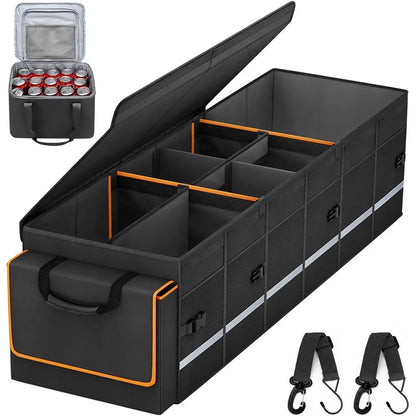Car Trunk Organizer and Storage with Lid & Removable Leakproo Cooler Bag, Car Accories 6 Removable Dividers or Custom Space, Col