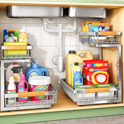 2-Pack 2-Tier Slide Out under Sink Organizer, Space-Saving Storage Rack for Kitchen & Bathroom