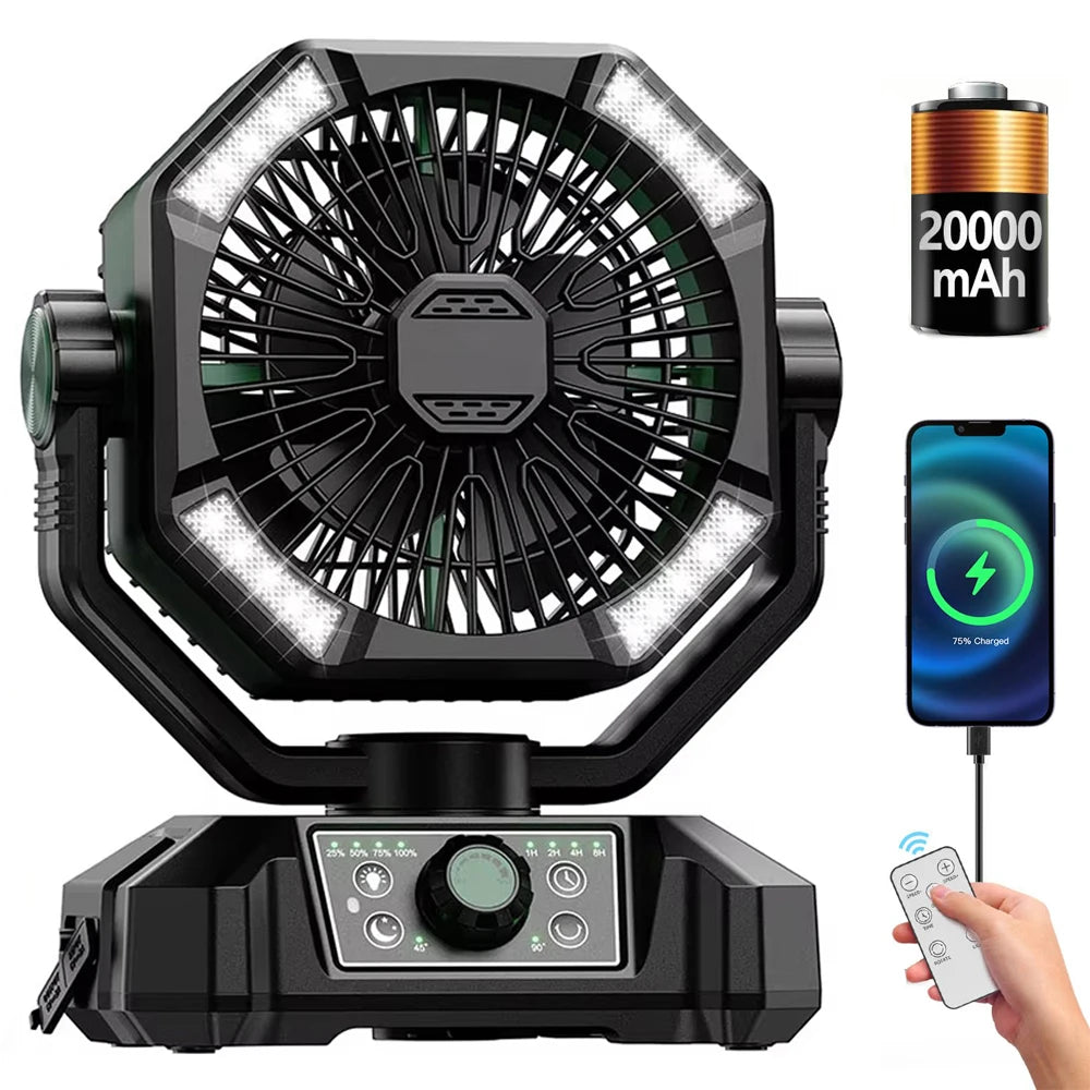 Camping Fan with Dual Motor 20000Mah Rechargeableclip Fan with Digital Display with LED Lantern for Camping Outdoor Fan