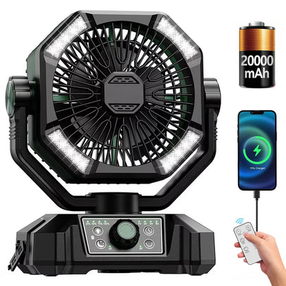 Camping Fan with Dual Motor 20000Mah Rechargeableclip Fan with Digital Display with LED Lantern for Camping Outdoor Fan