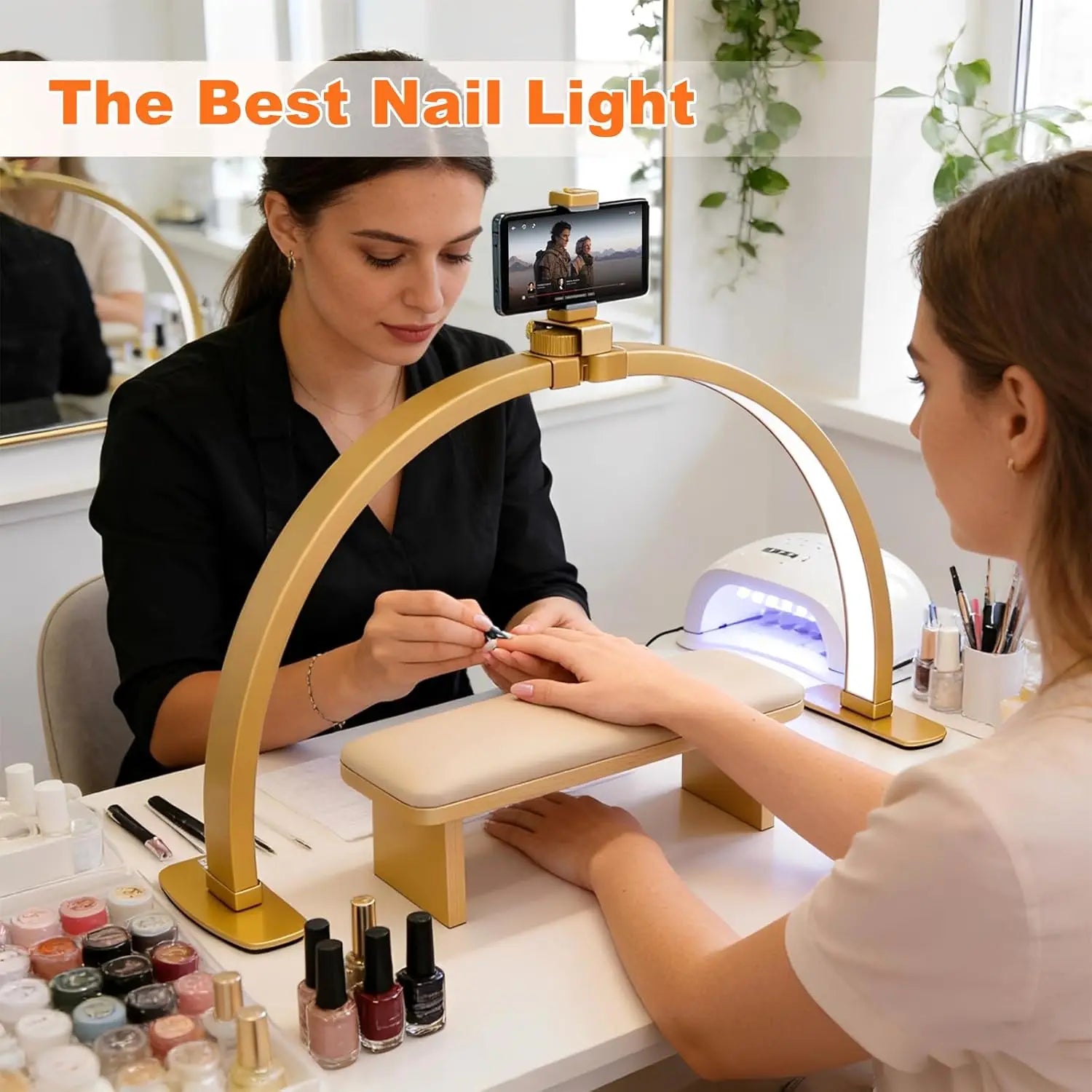 29IN Folding Half-Moon LED Lamp for Nail Desk with Phone Holder, 3 Color Temperature, 10 Brightness Levels, Shadow-Free Lighting for Nail Art, Eyelash Extensions, Tattooing
